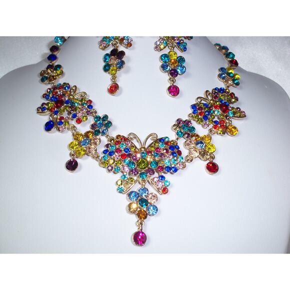 Muli color rhinestone necklace set,wedding  MOB  party prom butterfly necklace - Picture 2 of 7